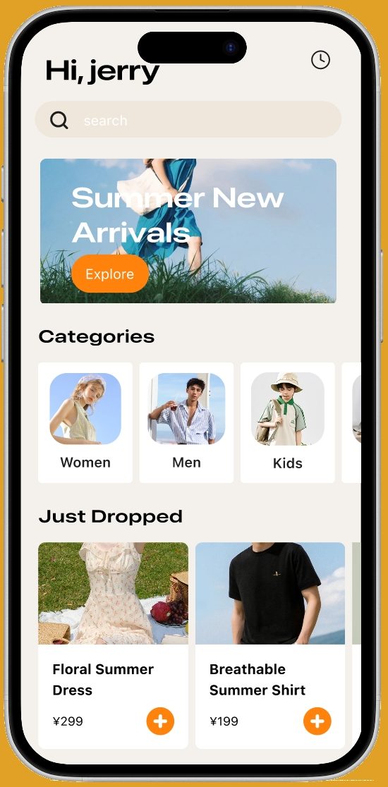 Home experience — categories and new arrivals.