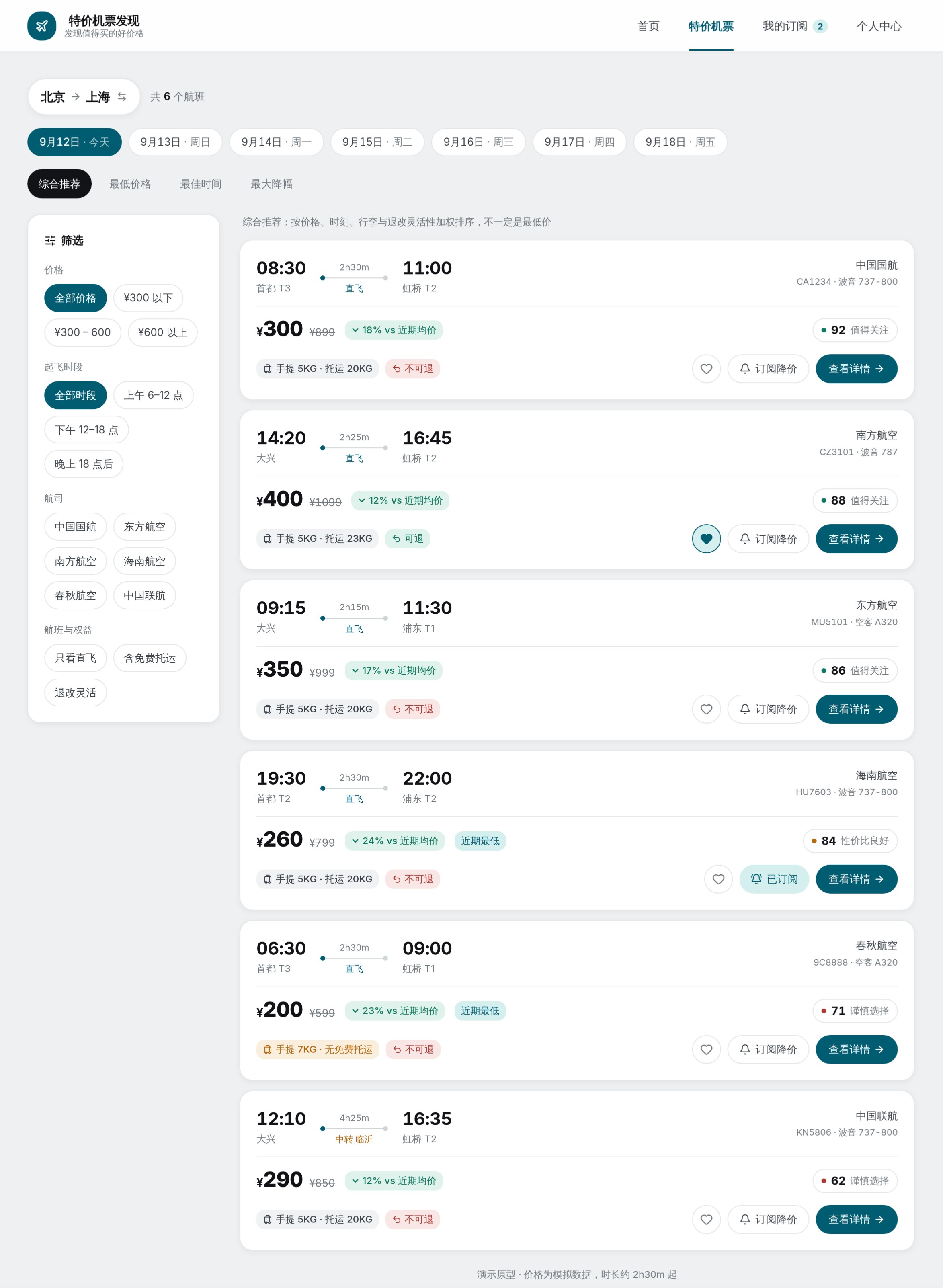 Flight Deals — filtering, sorting, price signals, and value-focused flight cards.