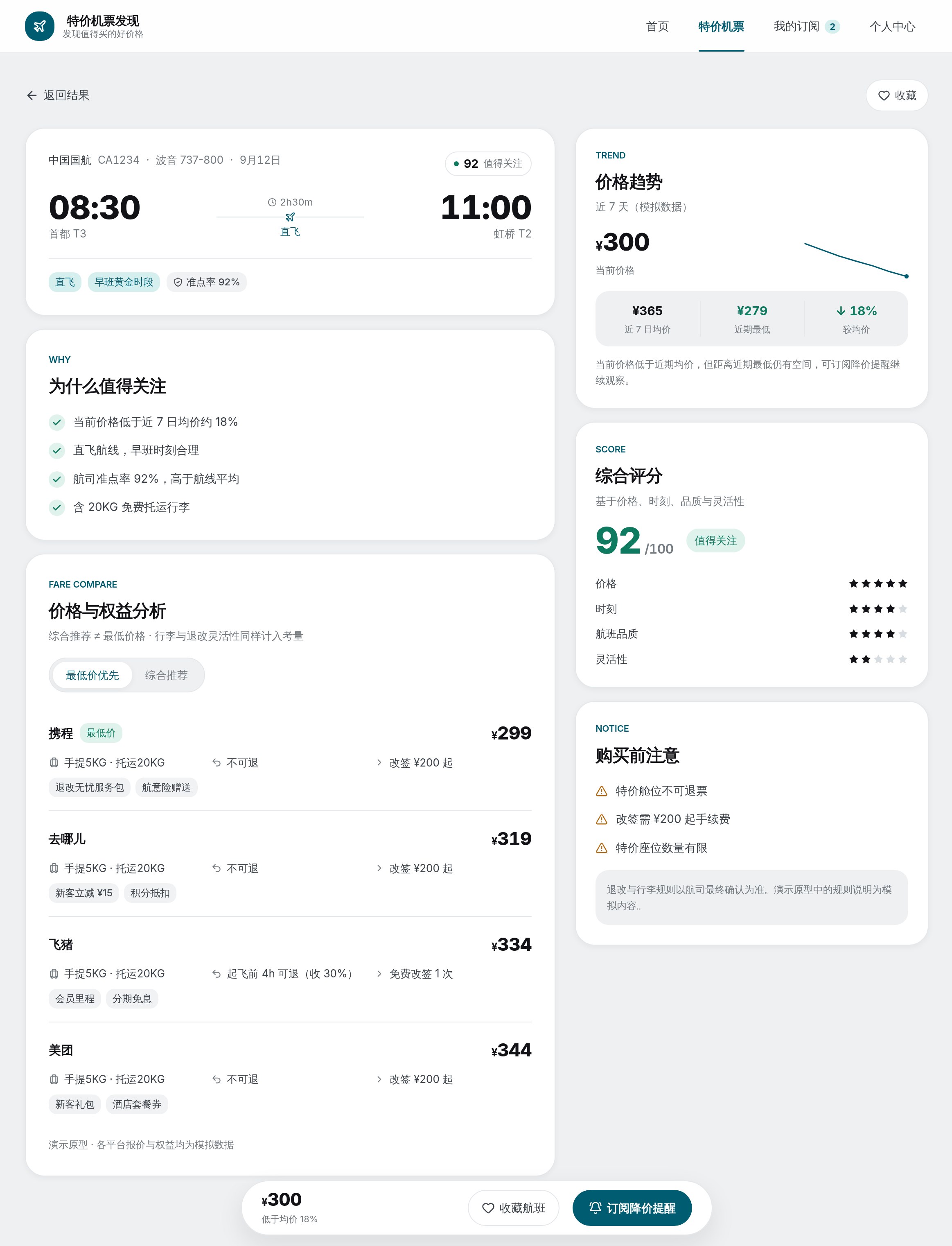 Flight Detail — fare comparison, deal intelligence, price trends, and purchase considerations.